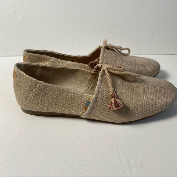 Toms Sz 10 Kelli Tassel Rose Gold Metallic Woven Slip On Flats Comfort Shoes - Picture 3 of 10